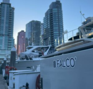 Falco logo in front of buildings in the background